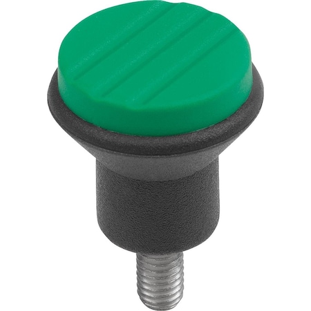 Kipp Mushroom Knob Size:1 D=M05X10, D1=21, Plastic Black Ral7021, Comp:Stainless Steel, Cap:Green Ral6032 K0251.0052X10